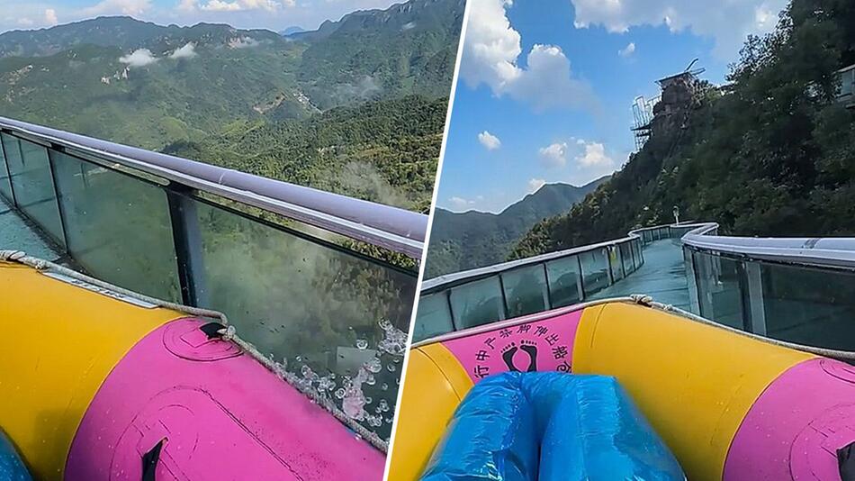 Komplett aus Glas: Besucher rasen über waghalsige Wasserrutsche in China