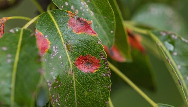Ein Blatt eines Birnbaums mit rot-orangenen Flecken.