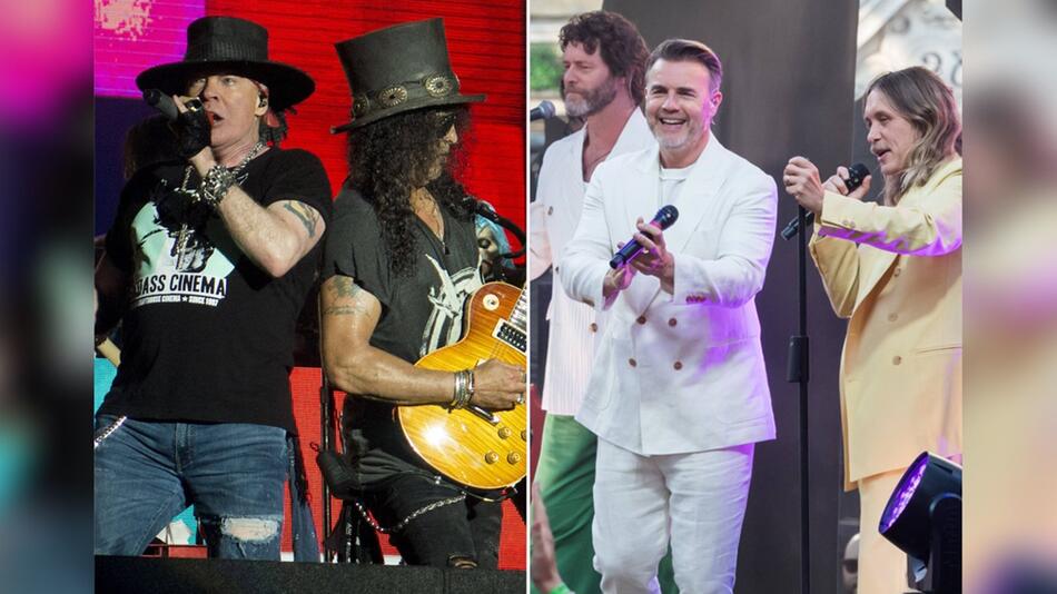 Guns N' Roses (li.) und Take That haben eine Reunion gefeiert.