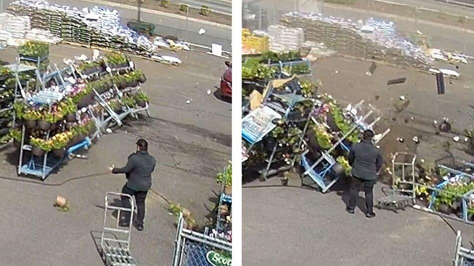 Chaos im Gartencenter: Windböe fegt Pflanzenregale um