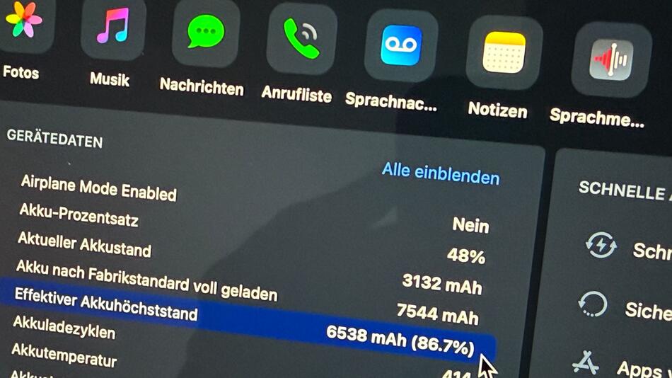 iPad-Gerätedaten zum Akkuzustand