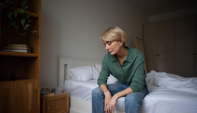 Eine Frau sitzt auf ihrem Bett und schaut bekümmert auf den Boden.
