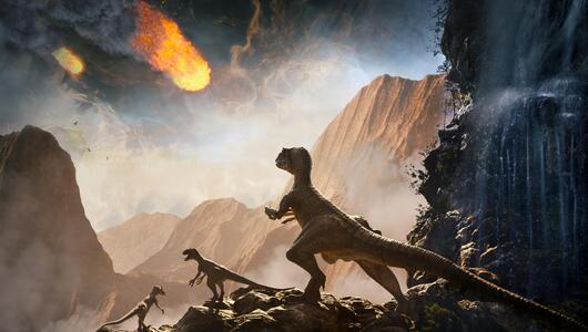 Raptor Dinosaurier beobachtet Asteroideneinschlag