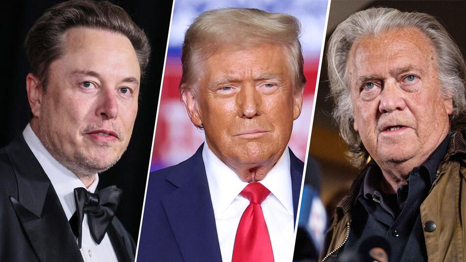 Bildkombo: Elon Musk, Donald Trump und Steve Bannon